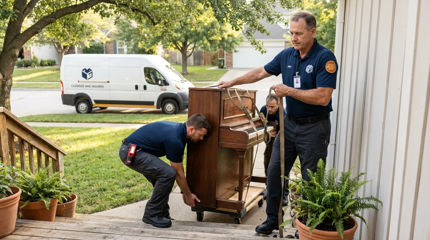 Licensed piano movers securing grand piano in Centralia, MO